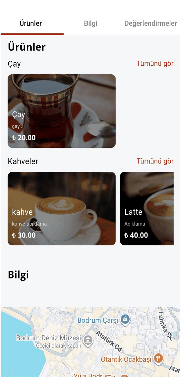 İşletme sayfası: ürünler, fiyatlar, bilgi ve değerlendirmeler sekmeleri