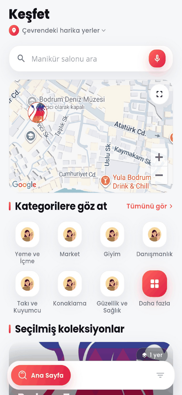 Keşfet ekranı: harita, arama çubuğu ve kategori listesi